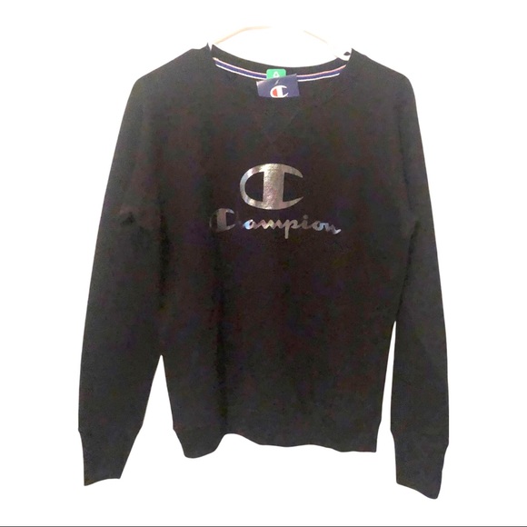Champion unique foil metallic Logo sweatshirt black unisex Sz Small NWT - Picture 1 of 9
